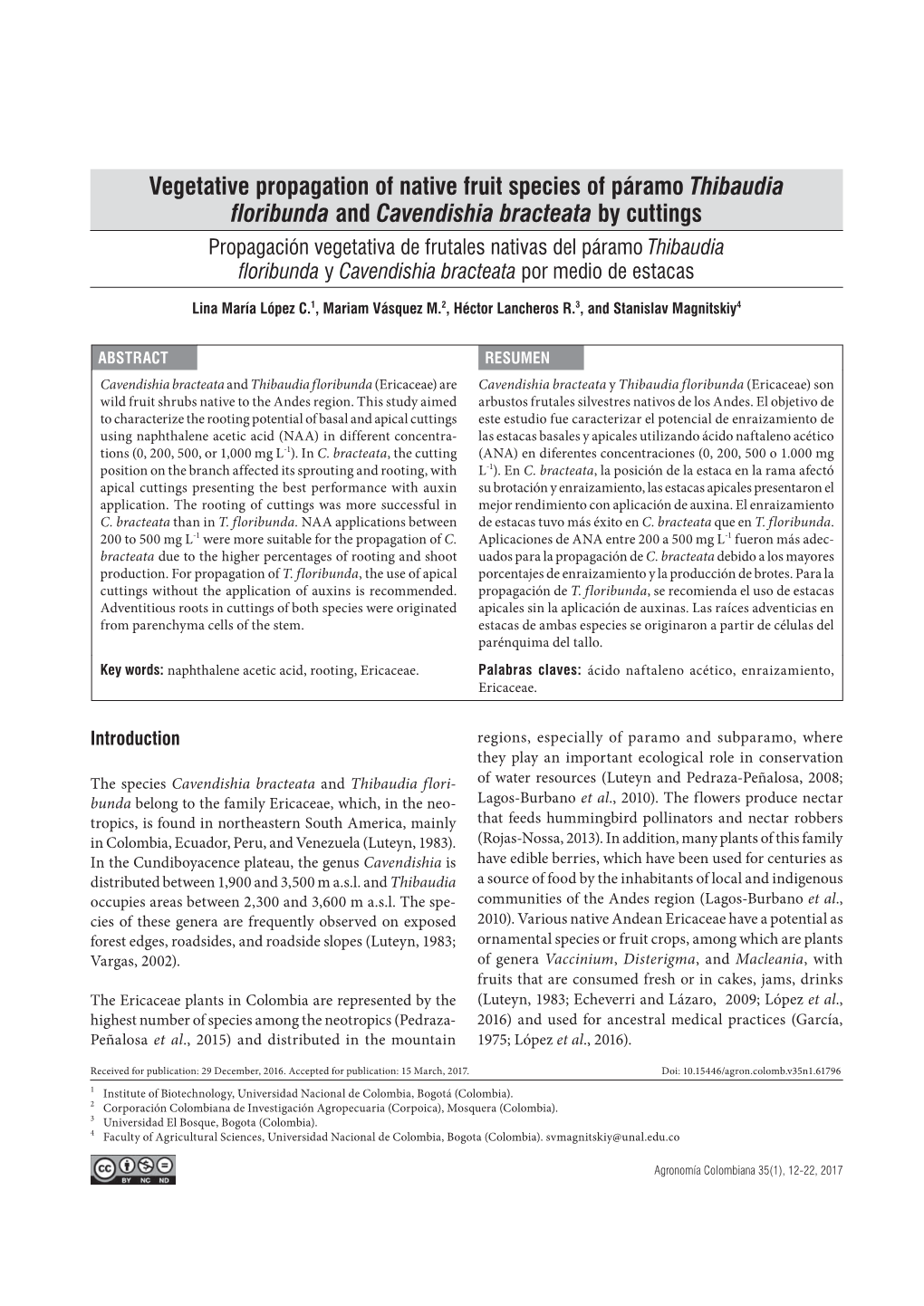 Vegetative Propagation of Native Fruit Species of Páramo Thibaudia