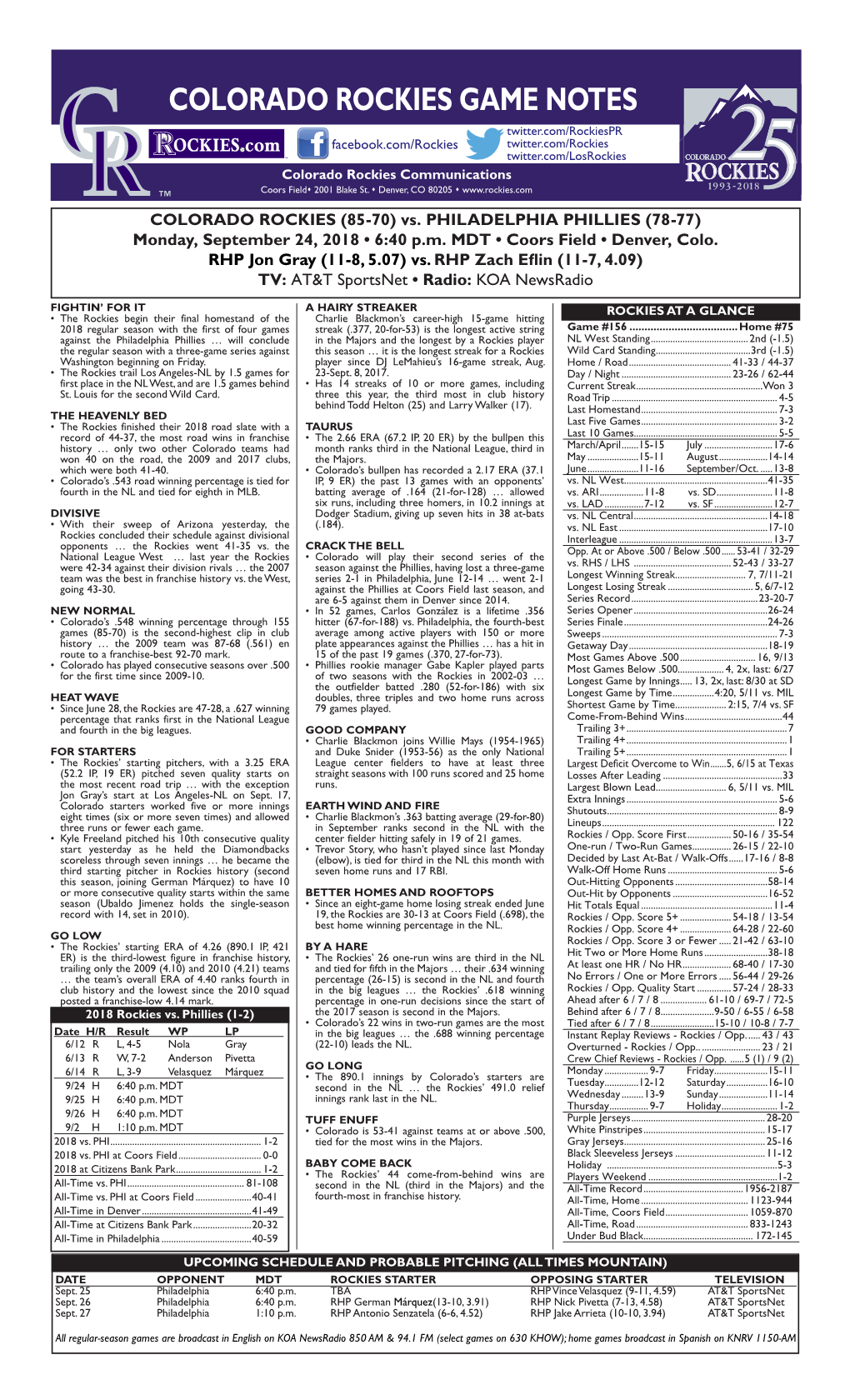 Colorado Rockies Game Notes