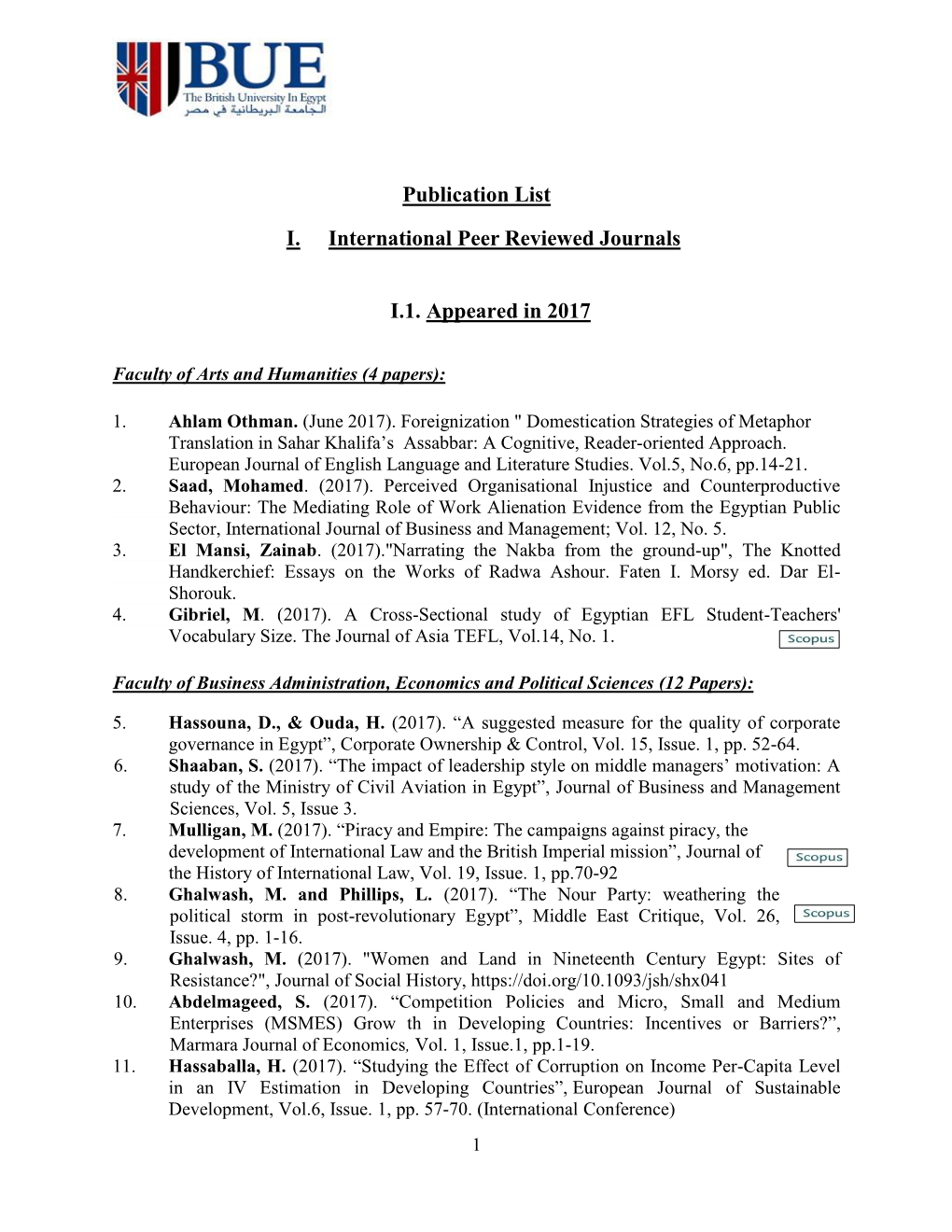 Publication List I. International Peer Reviewed Journals I.1