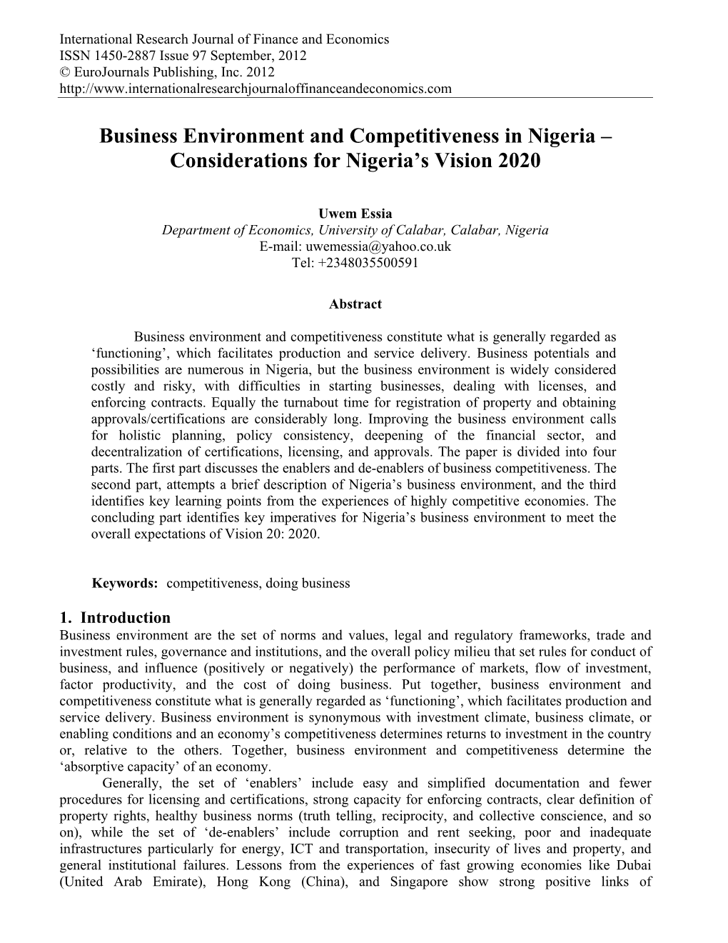 Business Environment and Competitiveness in Nigeria – Considerations for Nigeria’S Vision 2020