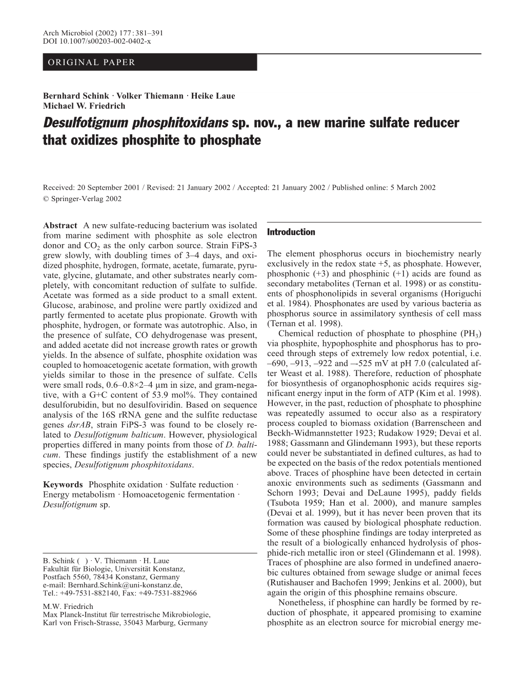 Desulfotignum Phosphitoxidans Sp. Nov., a New Marine Sulfate Reducer That Oxidizes Phosphite to Phosphate