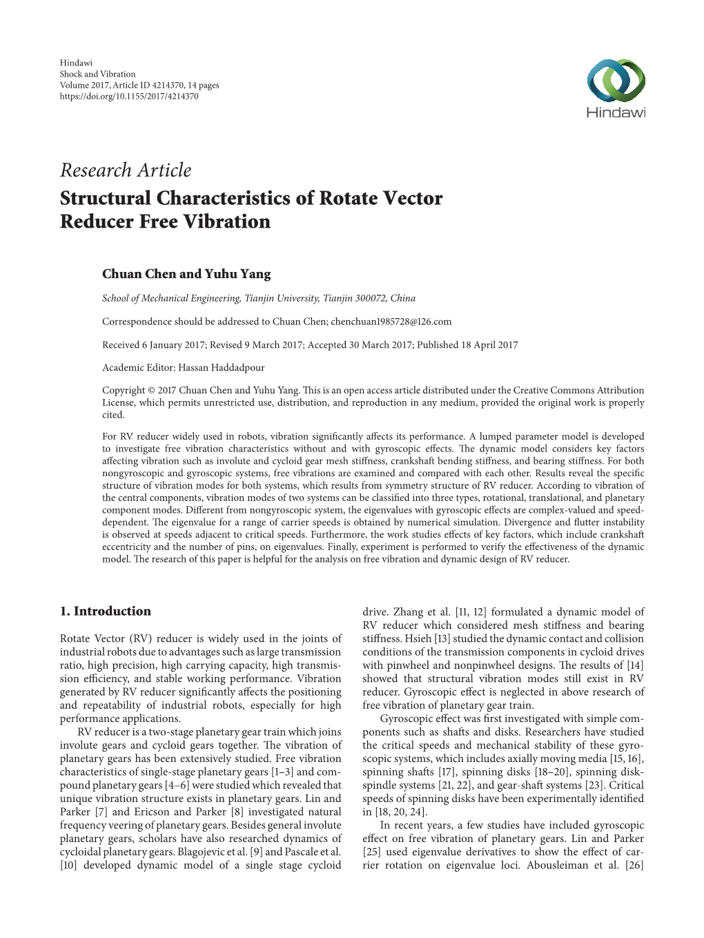 Research Article Structural Characteristics of Rotate Vector Reducer Free Vibration