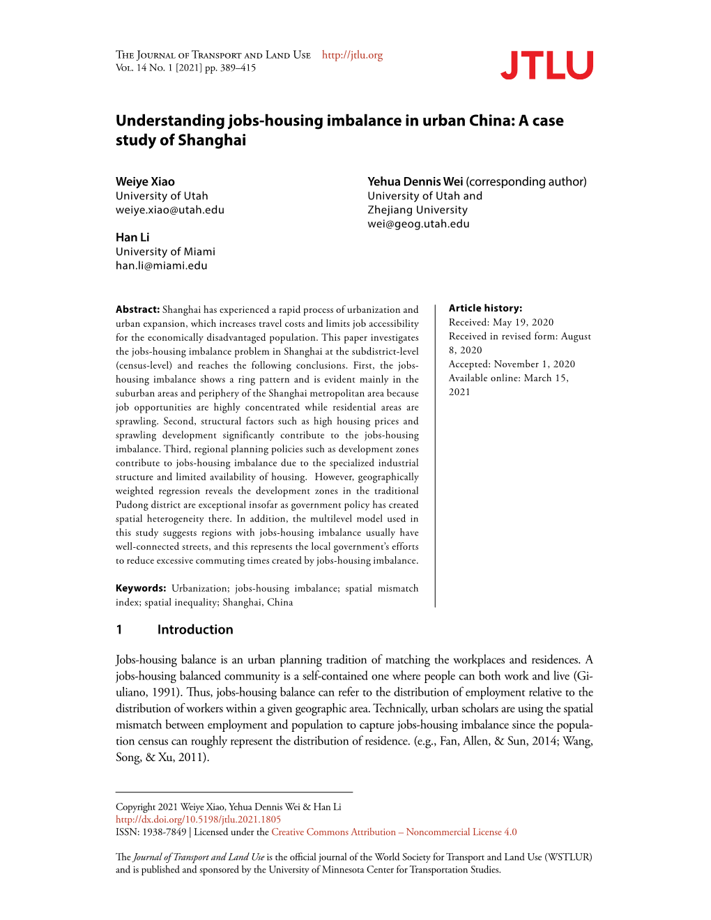 Understanding Jobs-Housing Imbalance in Urban China: a Case Study of Shanghai