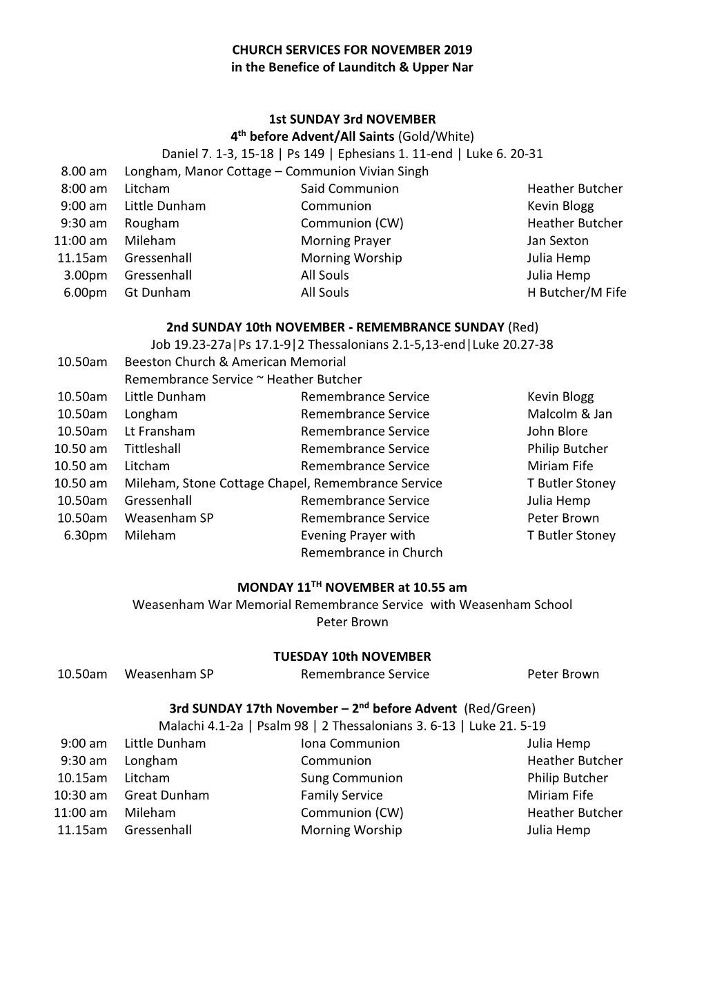 CHURCH SERVICES for NOVEMBER 2019 in the Benefice of Launditch & Upper Nar