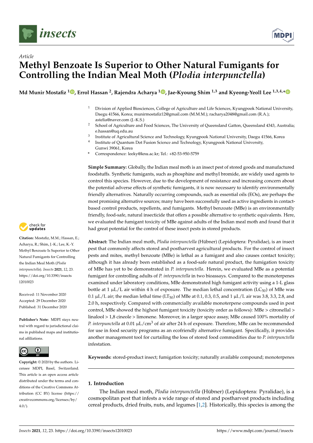 Methyl Benzoate Is Superior to Other Natural Fumigants for Controlling the Indian Meal Moth (Plodia Interpunctella)