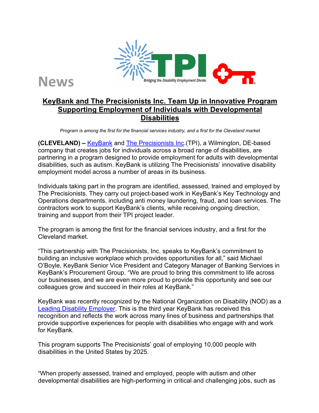 Keybank and the Precisionists Inc. Team up in Innovative Program Supporting Employment of Individuals with Developmental Disabilities