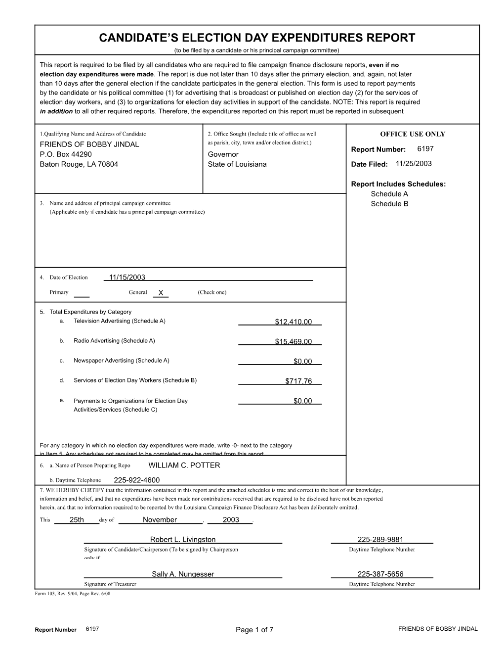 Candidate's Election Day Expenditures Report