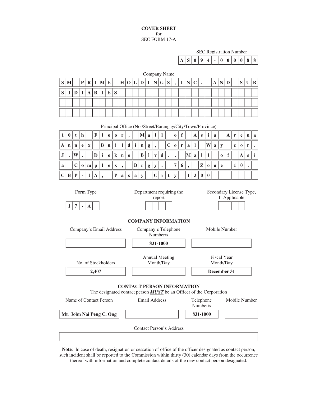 COVER SHEET for SEC FORM 17-A SEC