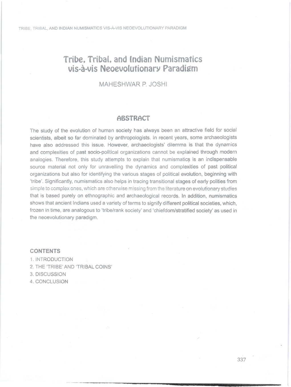 13. Tribe, Tribal and Indian Numismatics Vis-A-Vis Neoevolutionary Paradigm