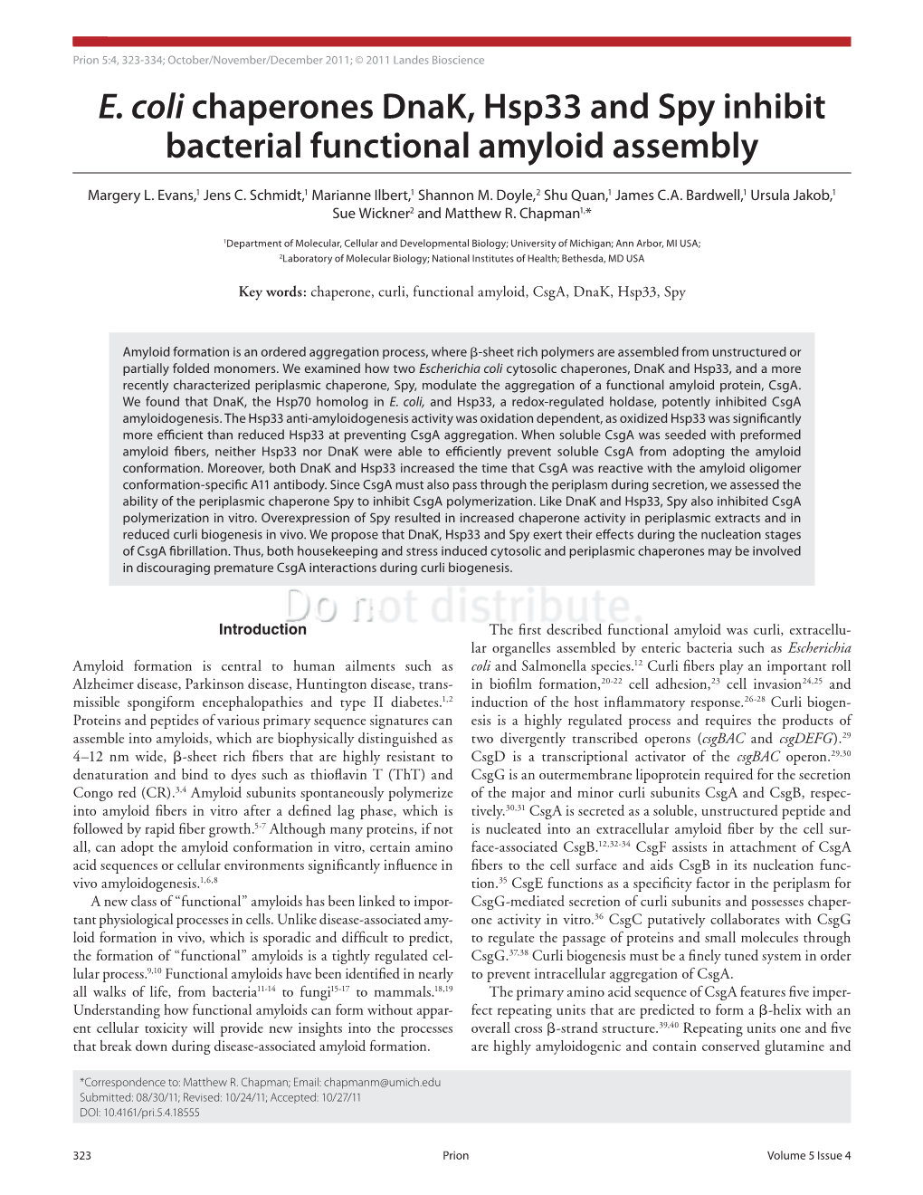 E. Coli Chaperones Dnak, Hsp33 and Spy Inhibit Bacterial Functional Amyloid Assembly