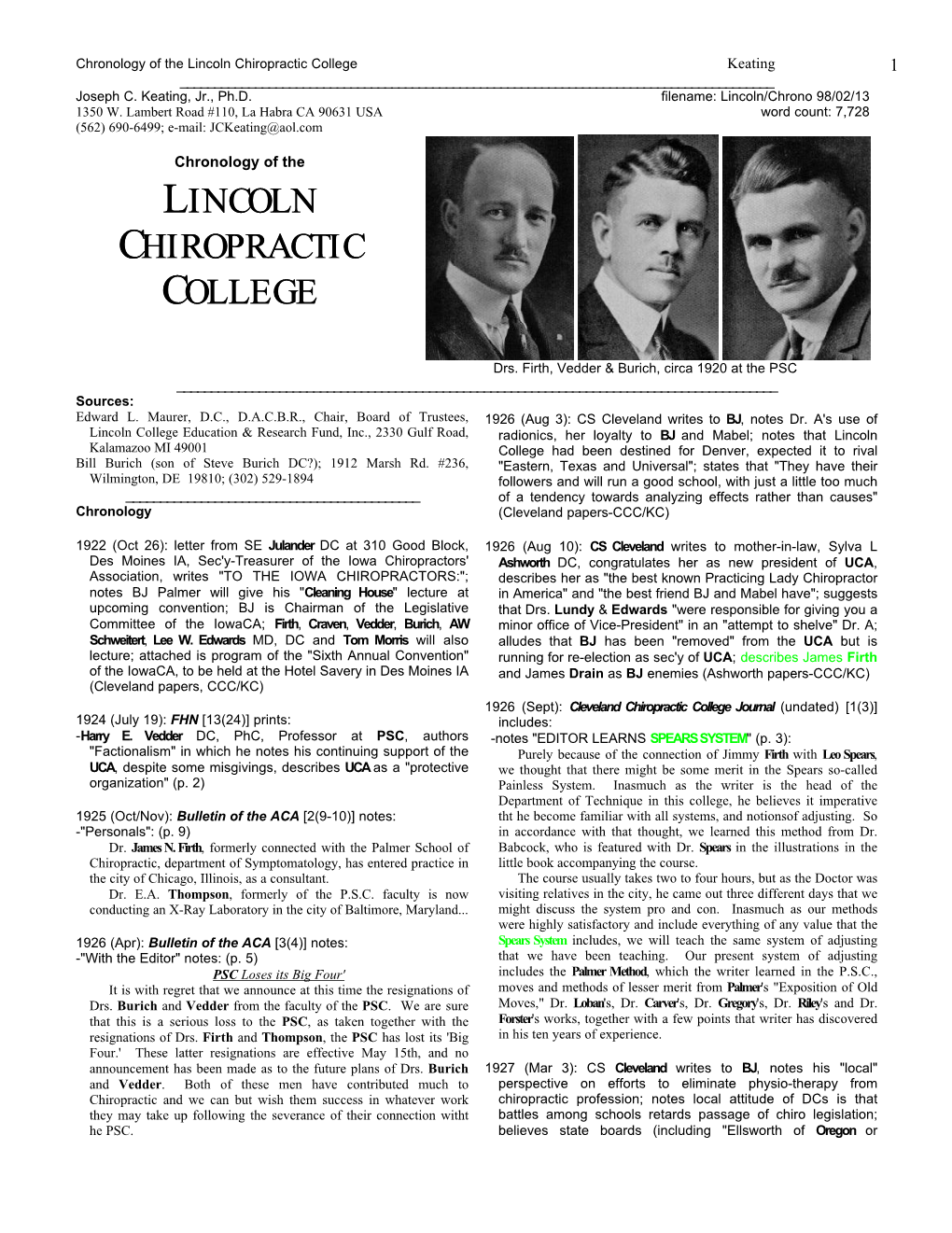Lincoln Chiropractic College Keating 1 ______Joseph C