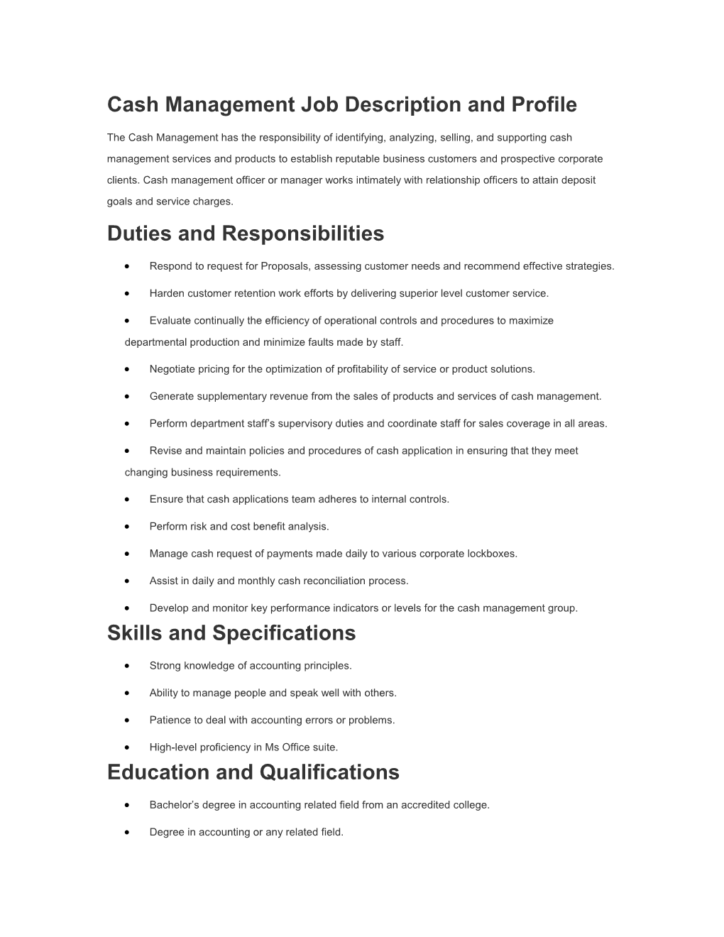 Cash Management Job Description and Profile