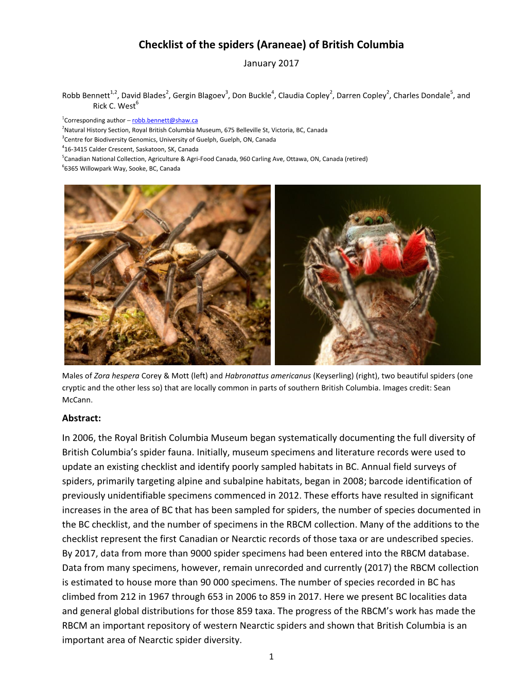 Checklist of the Spiders (Araneae) of British Columbia January 2017