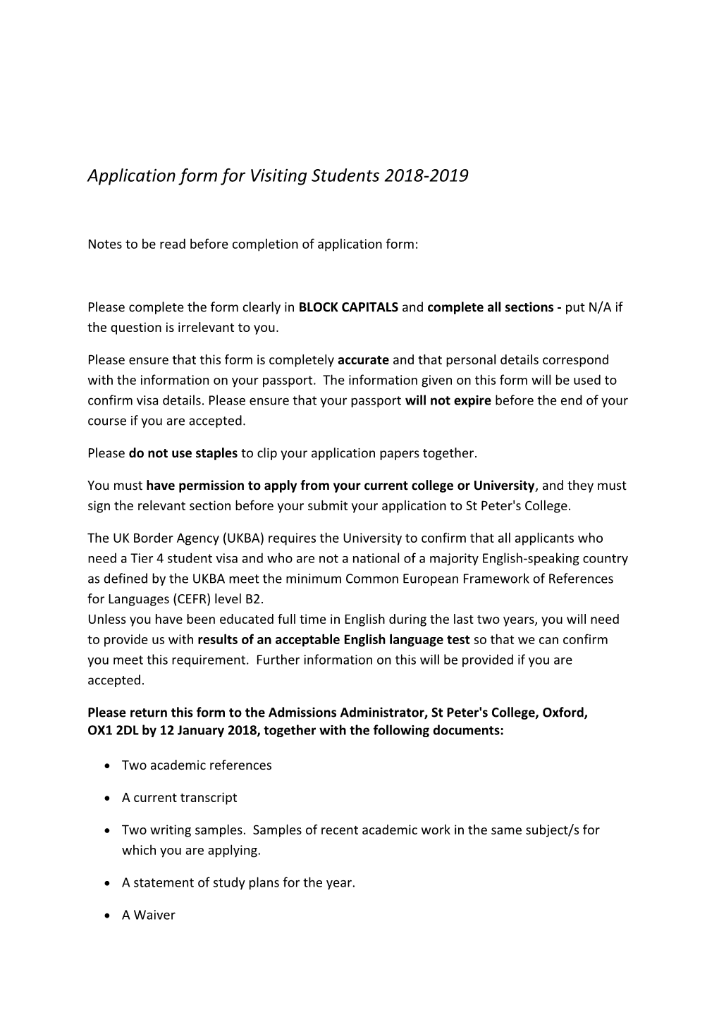 Application Form for Visiting Students 2018-2019