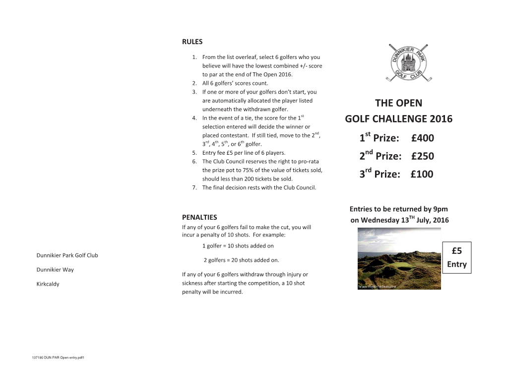 THE OPEN GOLF CHALLENGE 2016 1 Prize