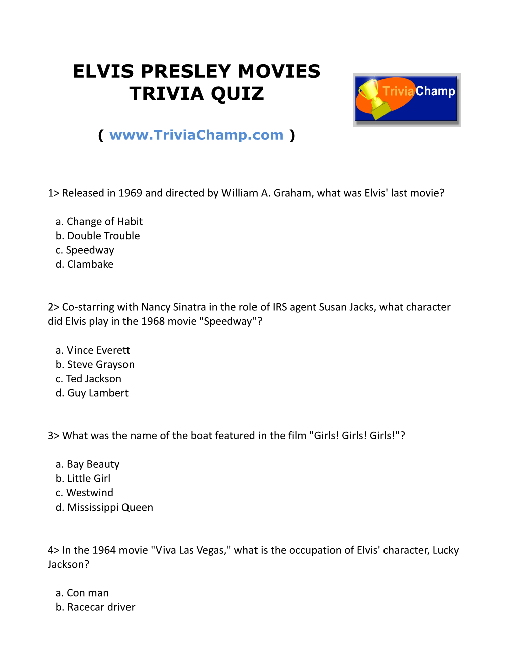 Elvis Presley Movies Trivia Quiz