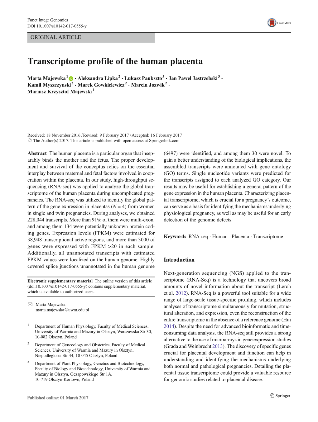 Transcriptome Profile of the Human Placenta