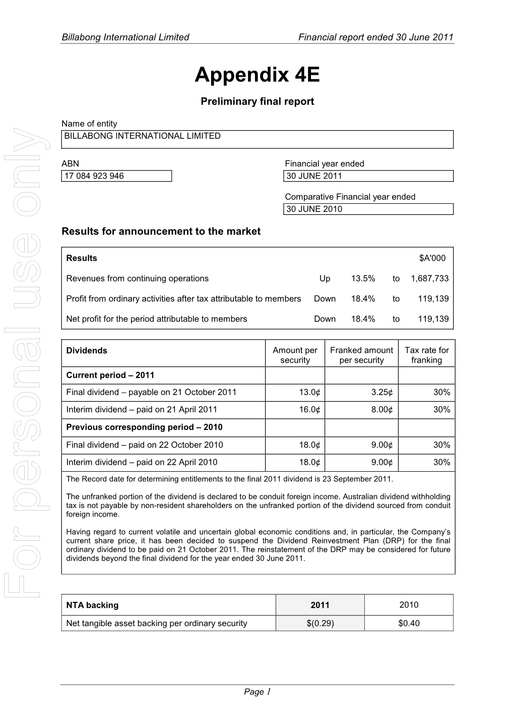 Billabong International Limited Financial Report Ended 30 June 2011