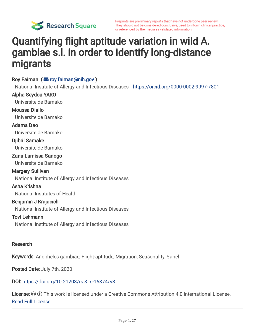 Quantifying Ight Aptitude Variation in Wild A. Gambiae S.L. in Order To