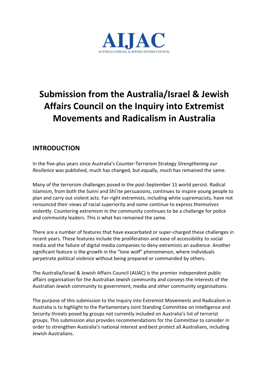 Submission from the Australia/Israel & Jewish Affairs Council on The