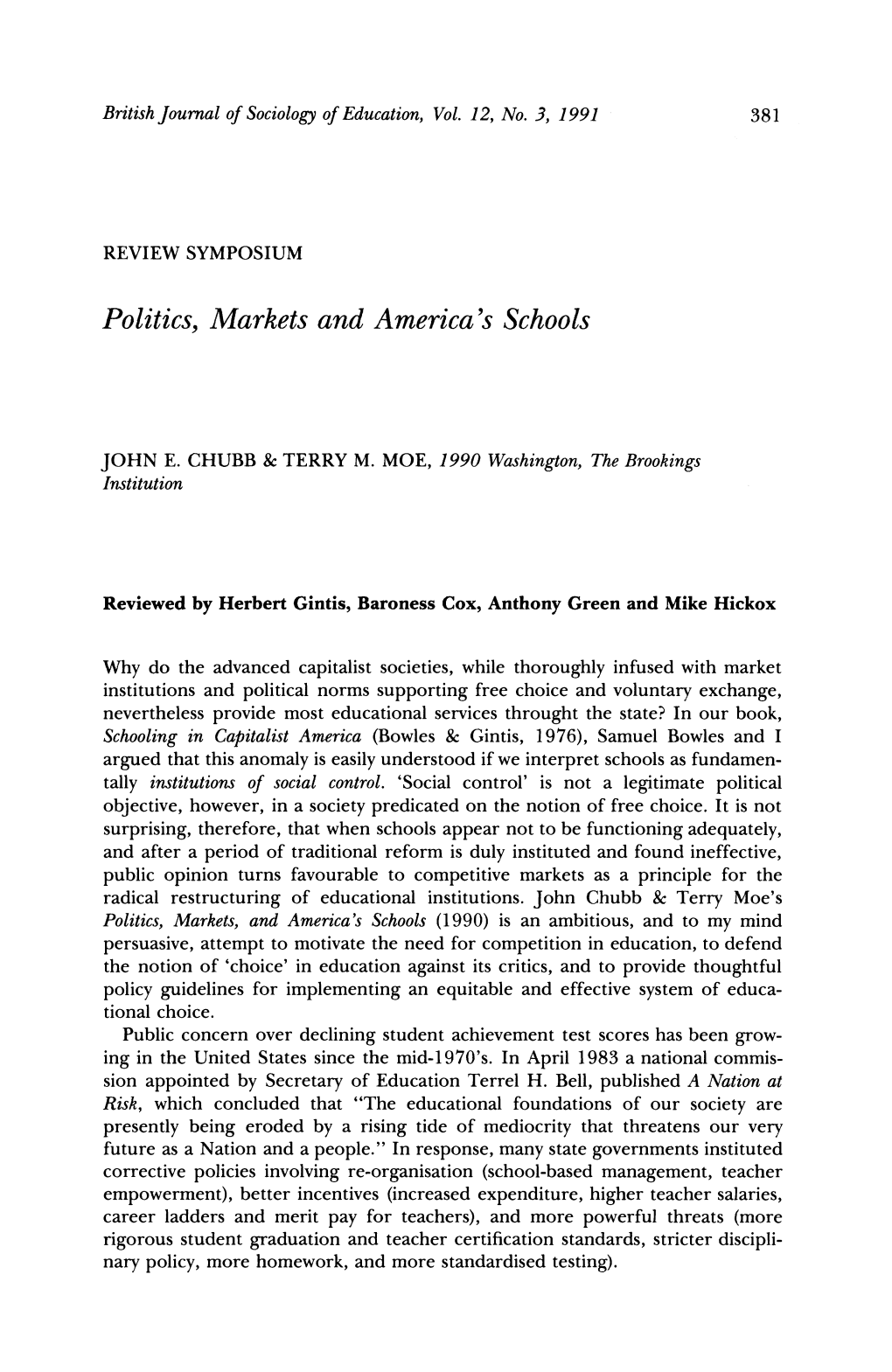 Politics, Markets and America's Schools&lt;/Source&gt;