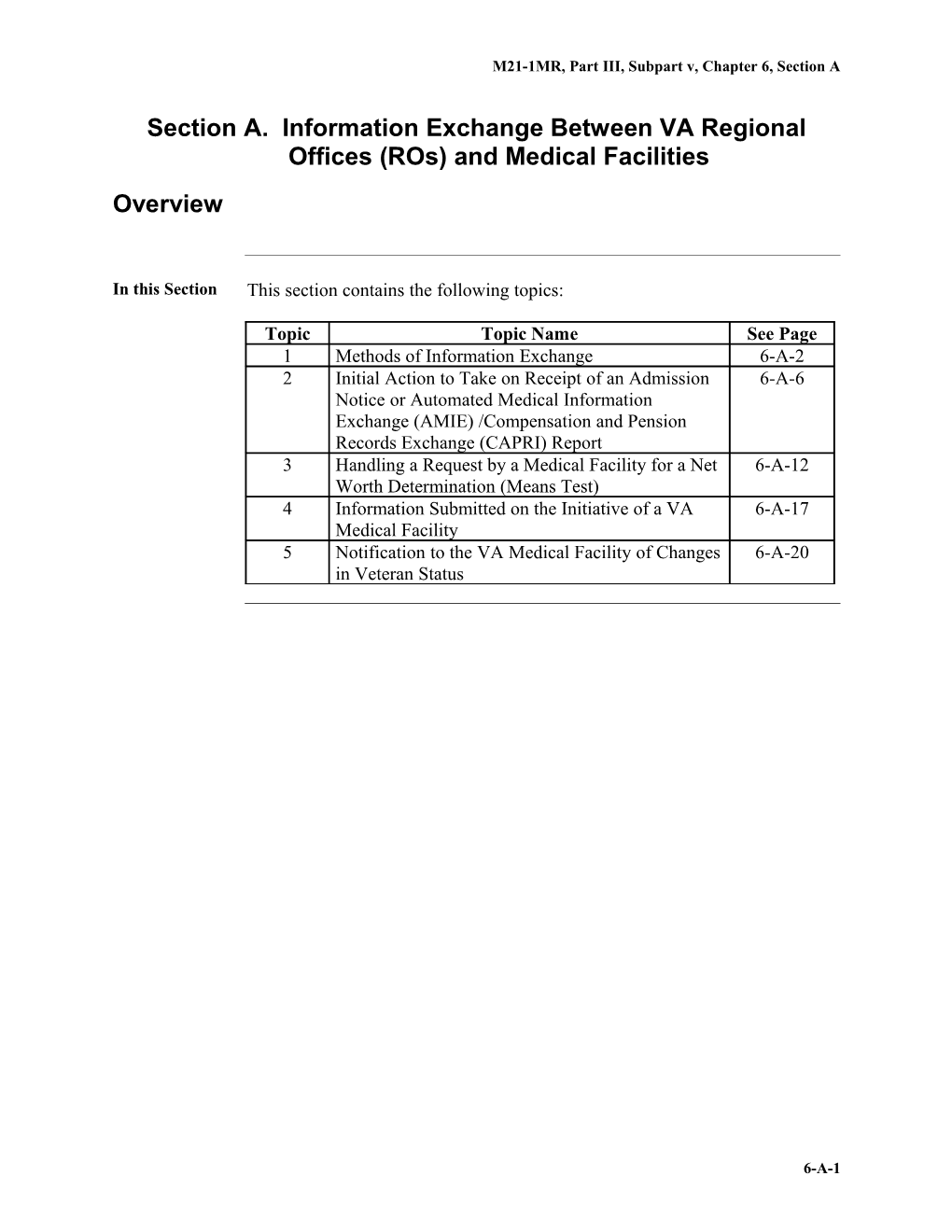 M21-1MR, Part III, Subpart V, Chapter 6, Section A. Information Exchange Between VA Regional