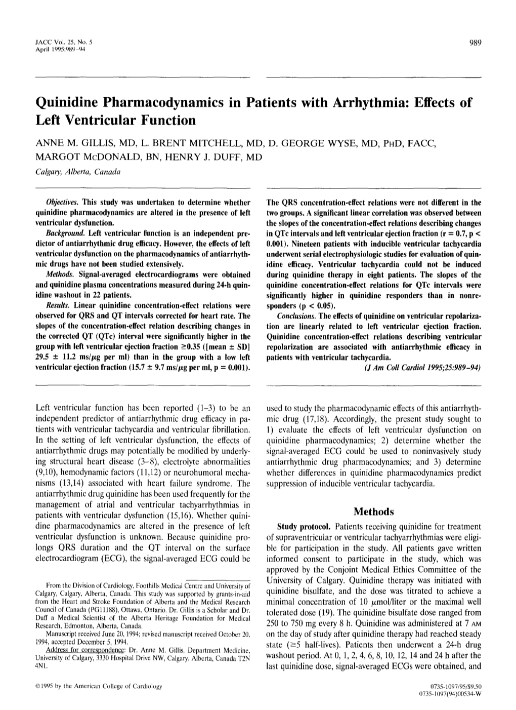 Quinidine Pharmacodynamics in Patients with Arrhythmia: Effects of Left Ventricular Function