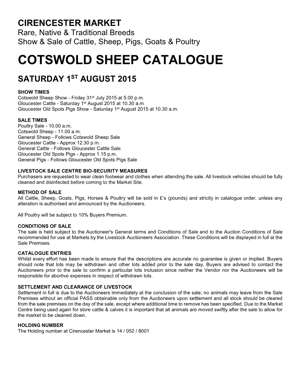 Cotswold Sheep Catalogue Saturday 1St August 2015