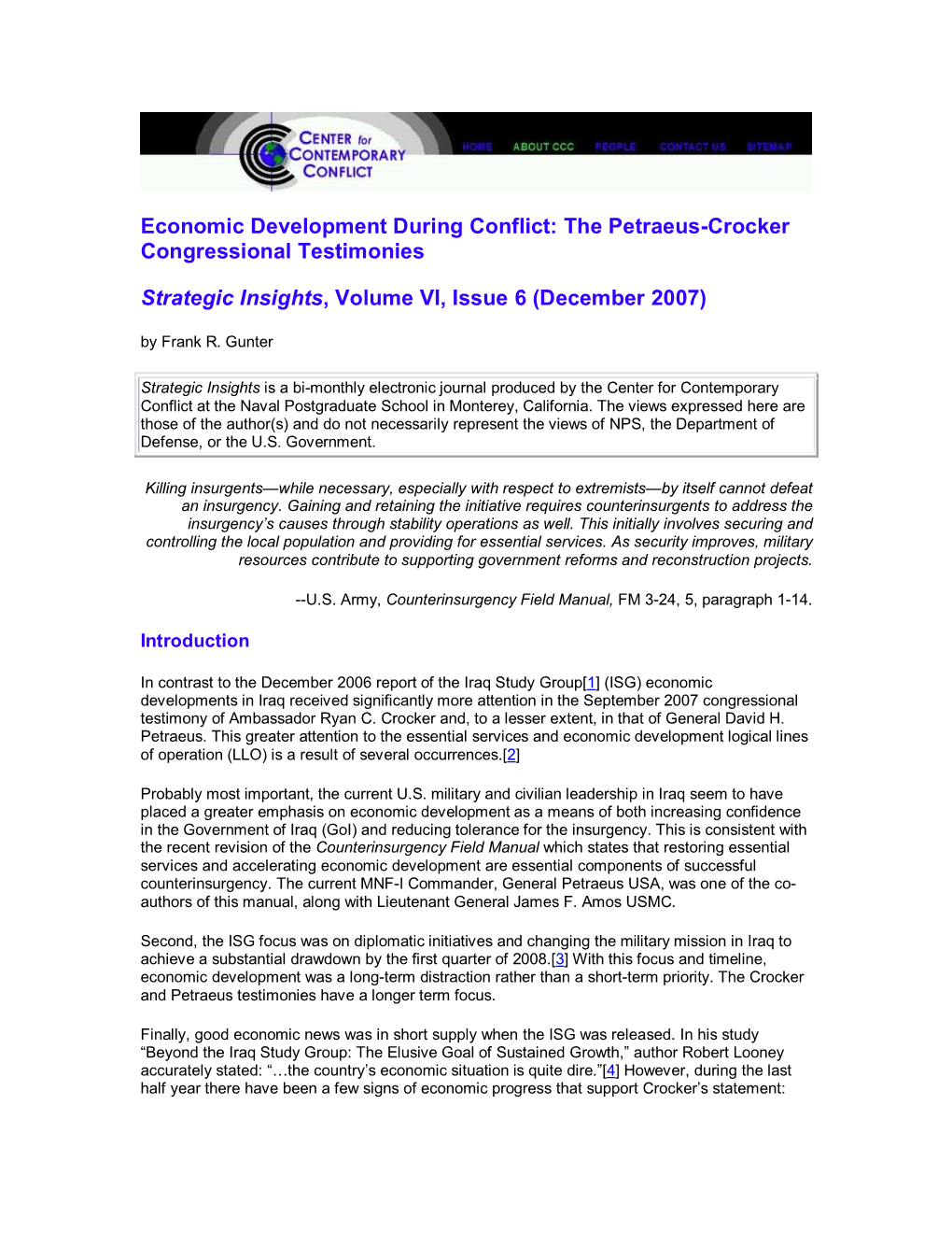 Economic Development During Conflict: the Petraeus-Crocker Congressional Testimonies