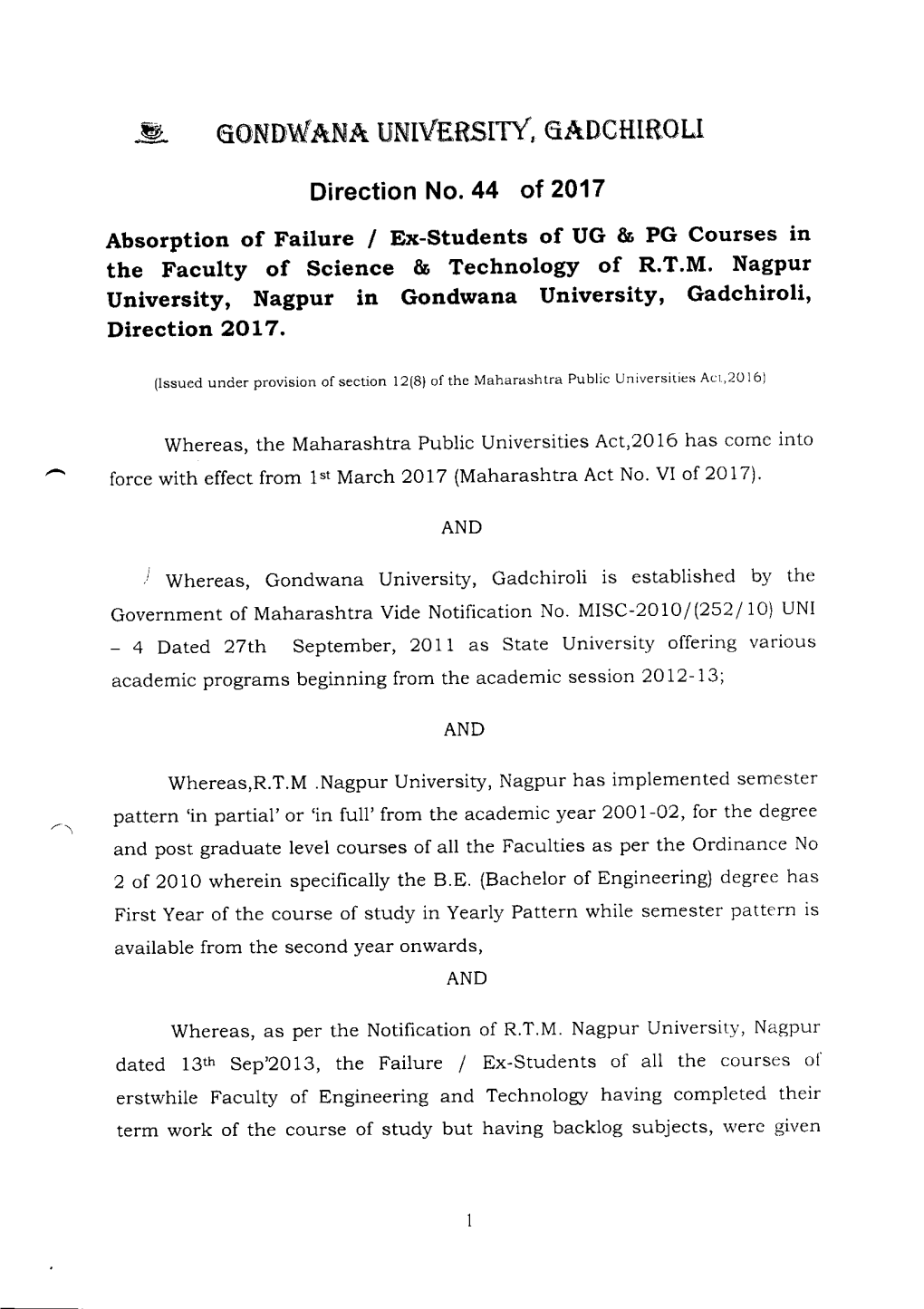 University, Nagpur in Gondwana University, Gadchiroli' Direction 2OL7