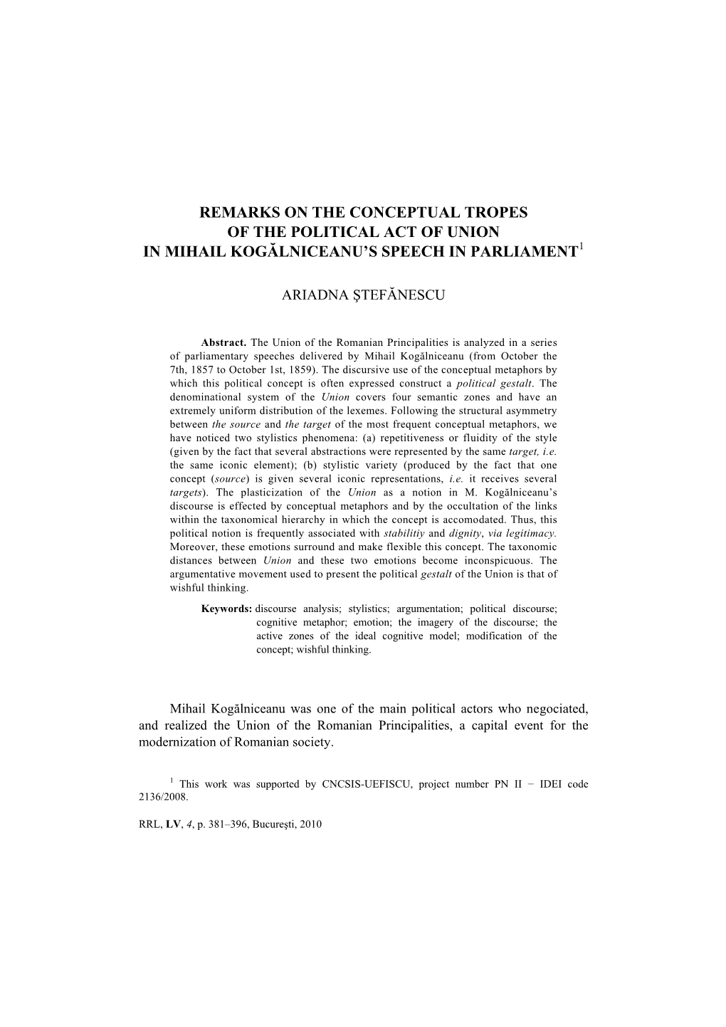 Remarks on the Conceptual Tropes of the Political Act of Union in Mihail Kogălniceanu’S Speech in Parliament1