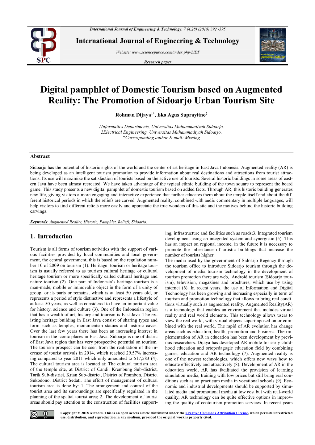 Digital Pamphlet of Domestic Tourism Based on Augmented Reality: the Promotion of Sidoarjo Urban Tourism Site