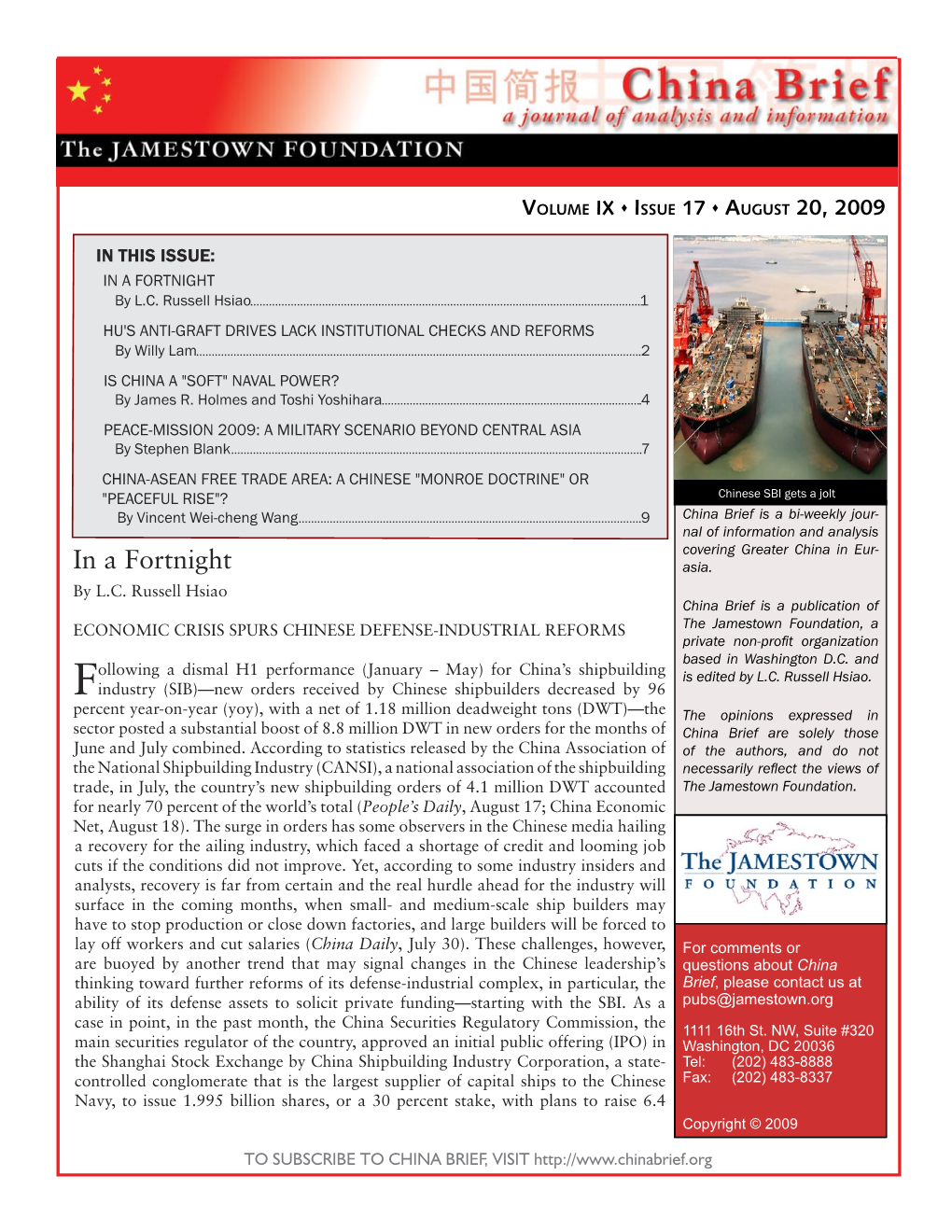 Chinabrief Volume IX  Issue 17  August 20, 2009