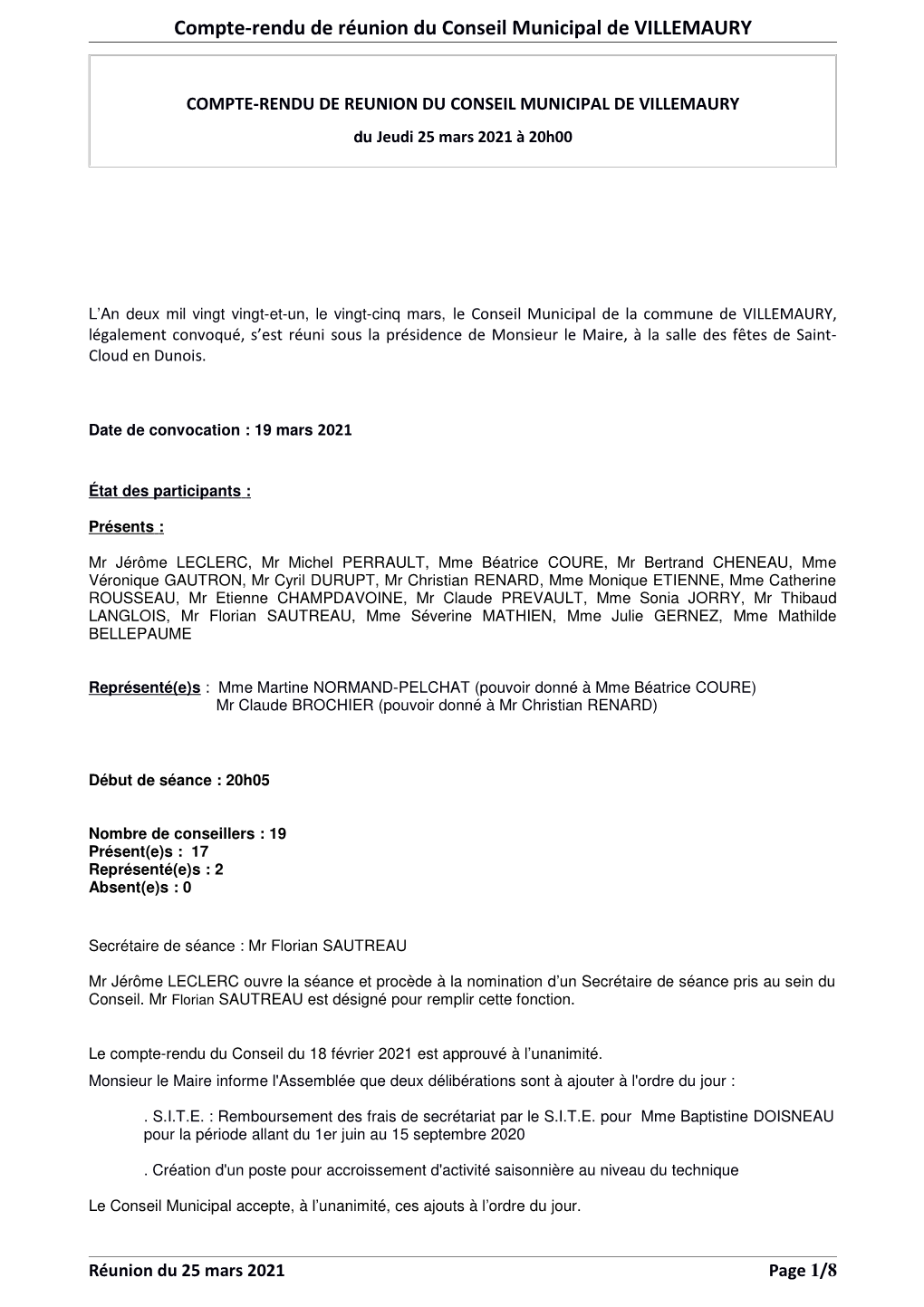 Compte-Rendu De Réunion Du Conseil Municipal De VILLEMAURY