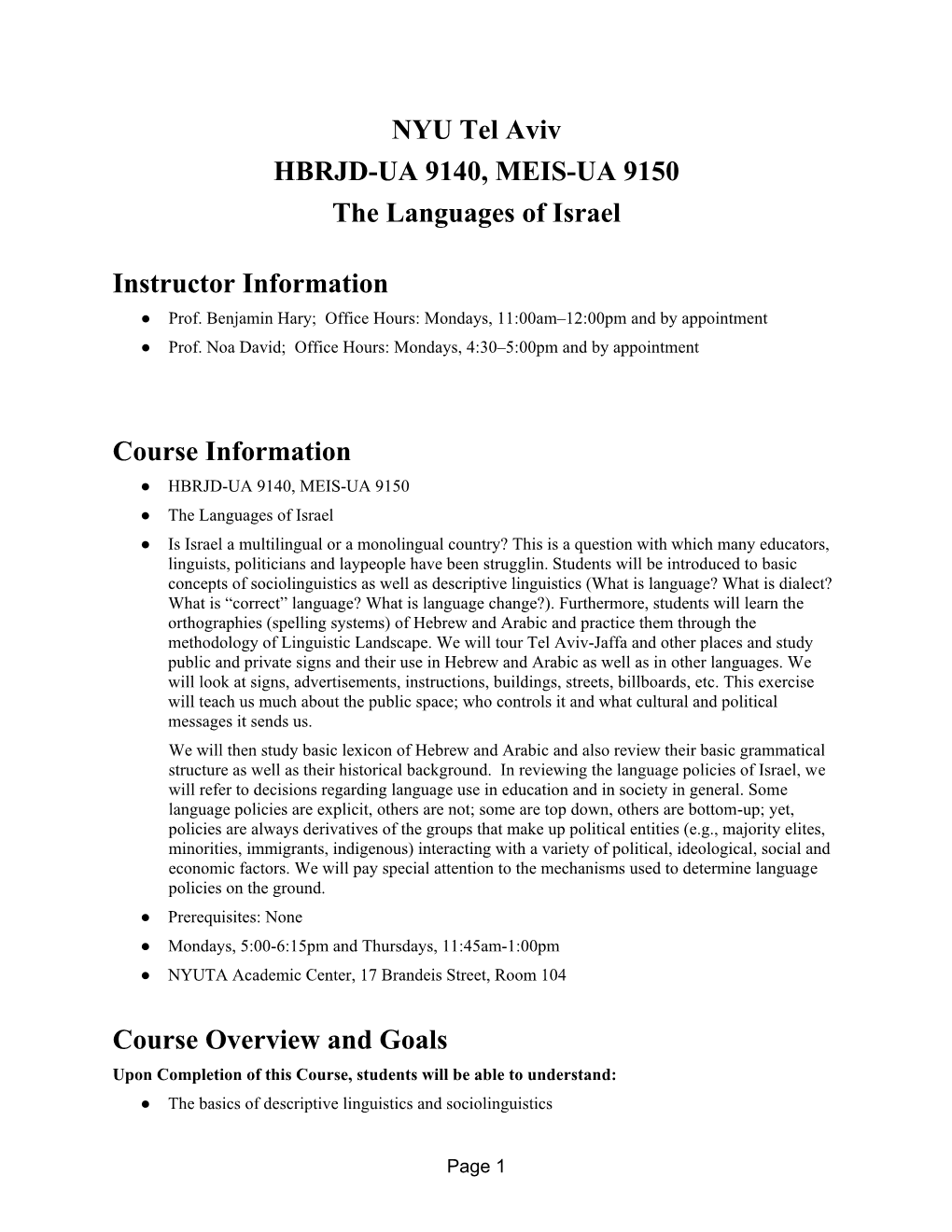 NYU Tel Aviv HBRJD-UA 9140, MEIS-UA 9150 the Languages of Israel