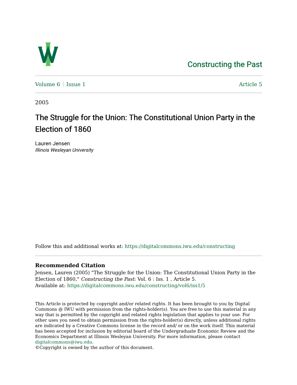 The Struggle for the Union: the Constitutional Union Party in the Election of 1860