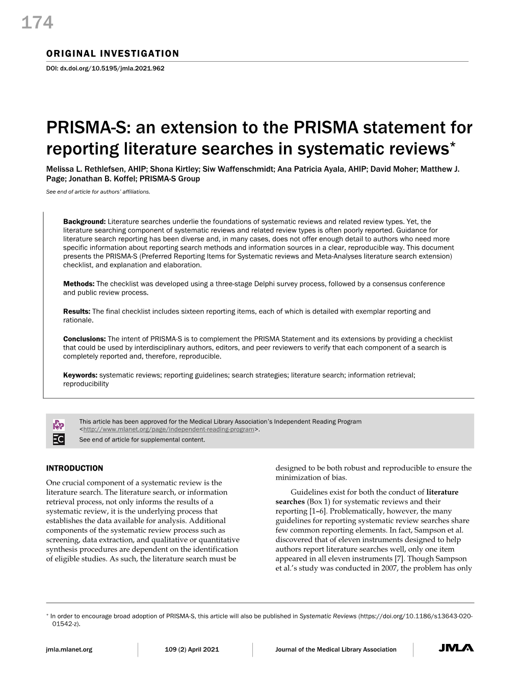 An Extension to the PRISMA Statement for Reporting Literature Searches in Systematic Reviews* Melissa L