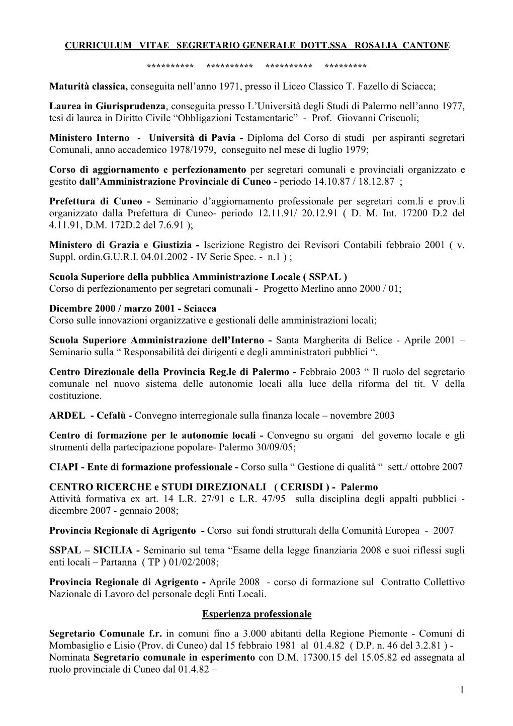 Curriculum Vitae Segretario Cantone