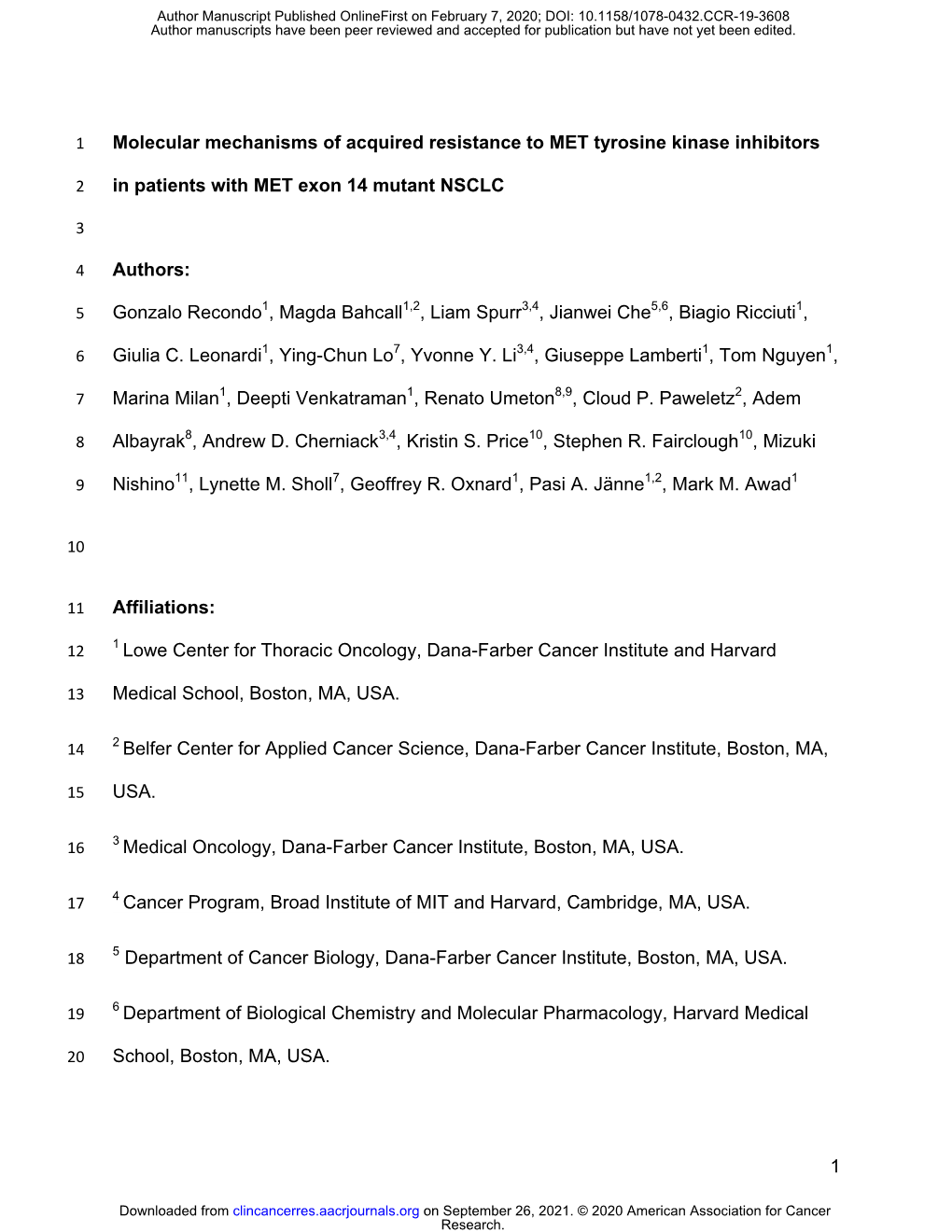 Molecular Mechanisms of Acquired Resistance to MET Tyrosine Kinase Inhibitors in Patients with MET Exon 14 Mutant NSCLC