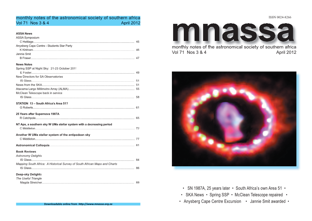 Monthly Notes of the Astronomical Society of Southern Africa ISSN 0024-8266 Vol 71 Nos 3 & 4 April 2012