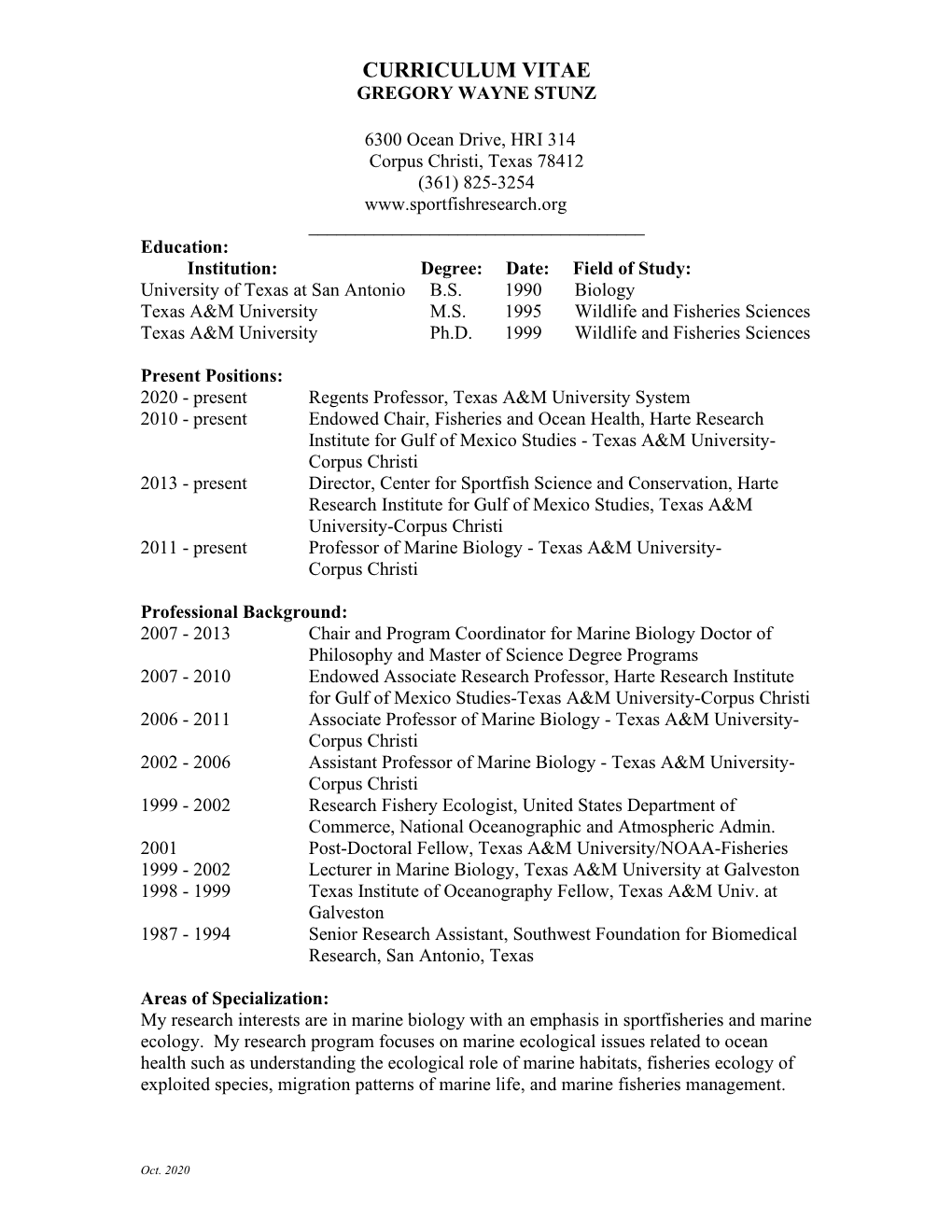 Stunz Curriculum Vitae (As of 11-24-20).Pdf