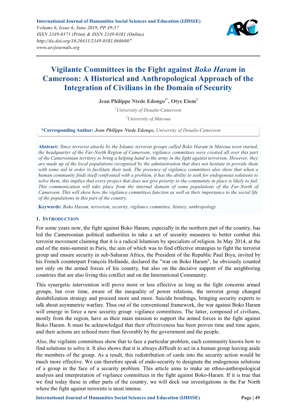 Vigilante Committees in the Fight Against Boko Haram in Cameroon: a Historical and Anthropological Approach of the Integration of Civilians in the Domain of Security