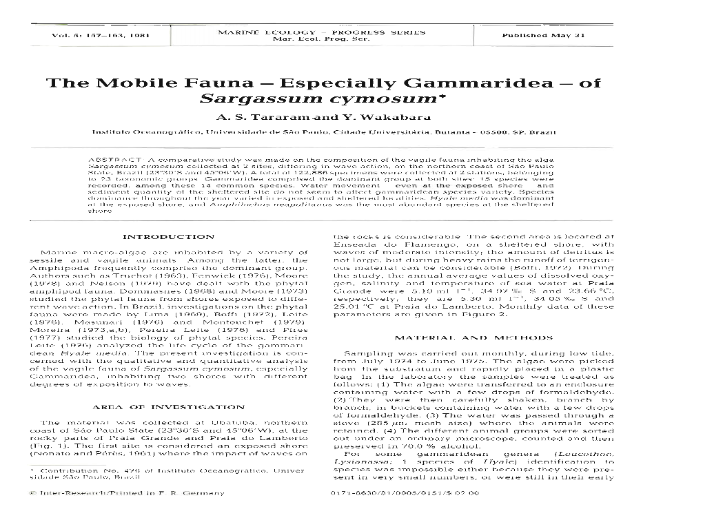 The Mobile Fauna - Especially Gammaridea - of Sargassum Cymosum*