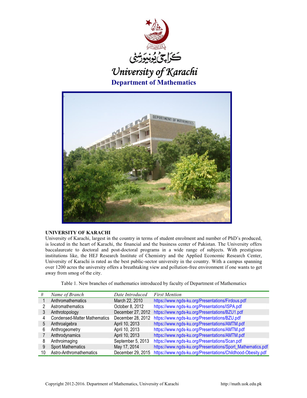 University of Karachi Department of Mathematics