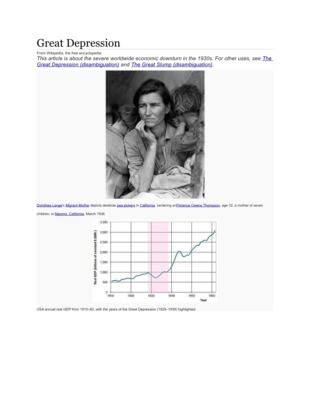 Great Depression from Wikipedia, the Free Encyclopedia This Article Is About the Severe Worldwide Economic Downturn in the 1930S