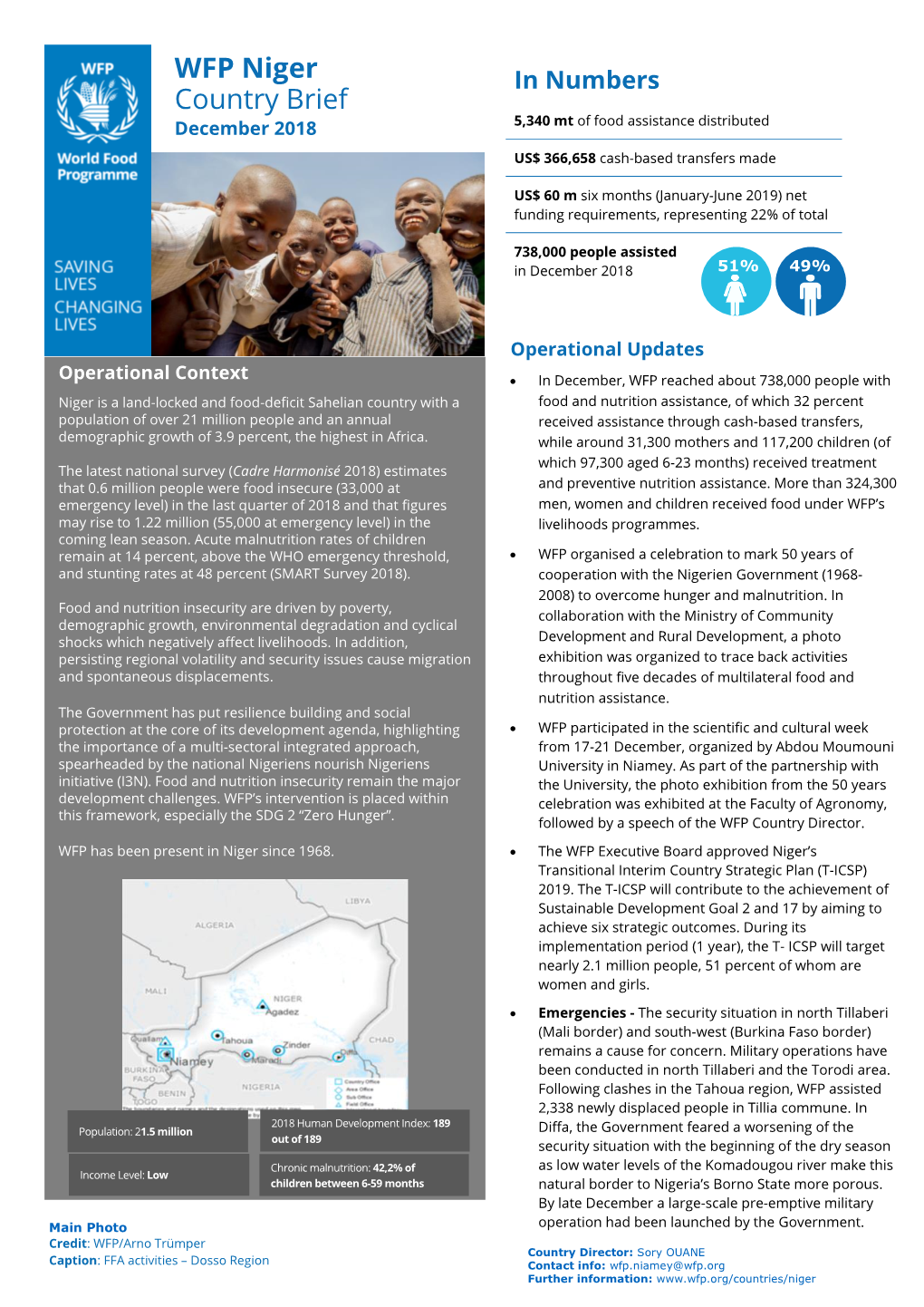 WFP Niger Country Brief December 2018 CERF, United States of America