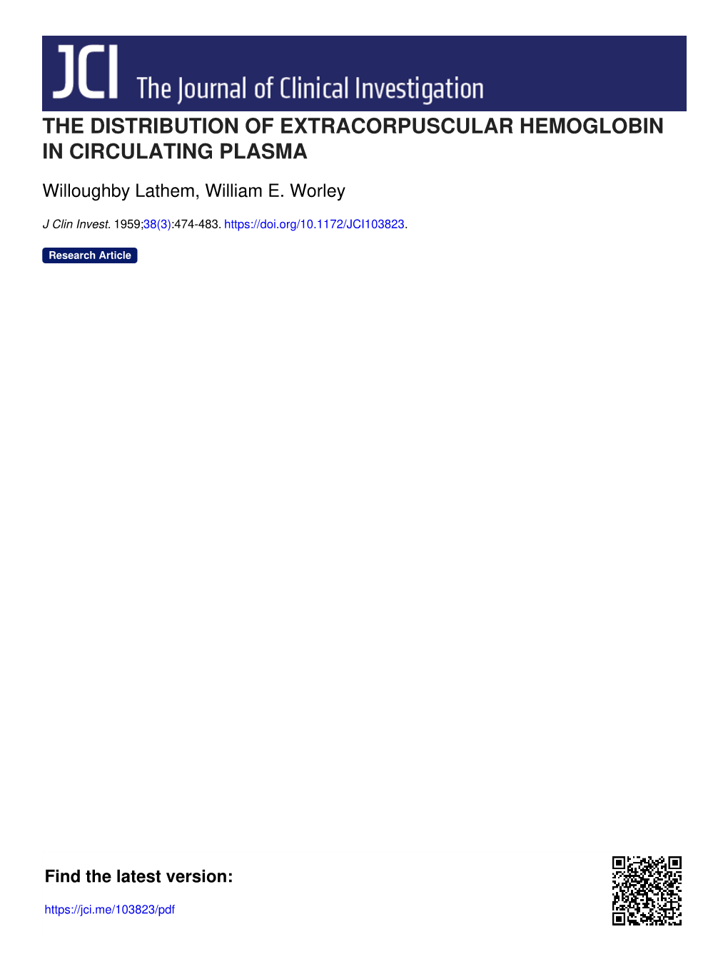 The Distribution of Extracorpuscular Hemoglobin in Circulating Plasma