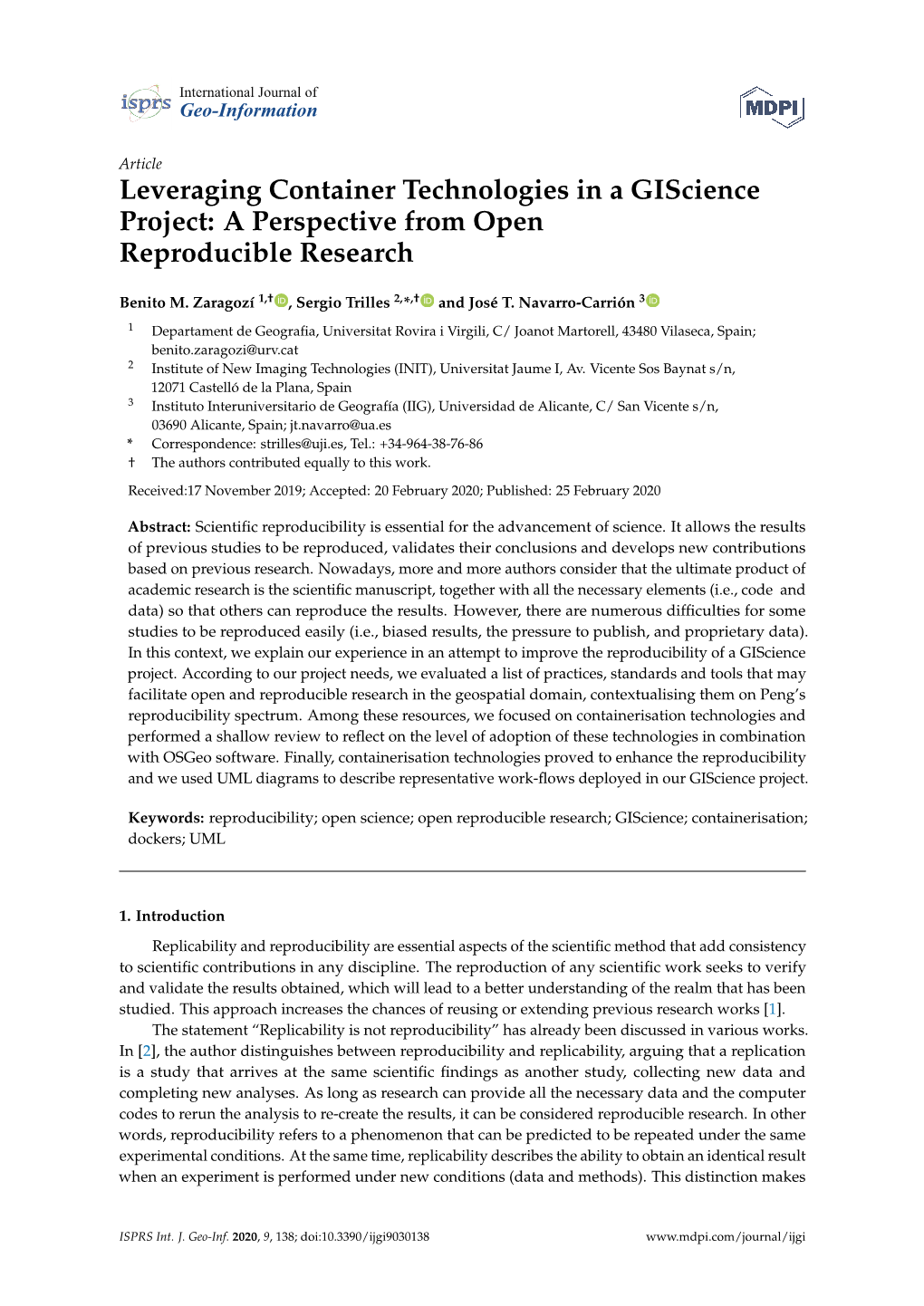 Leveraging Container Technologies in a Giscience Project: a Perspective from Open Reproducible Research