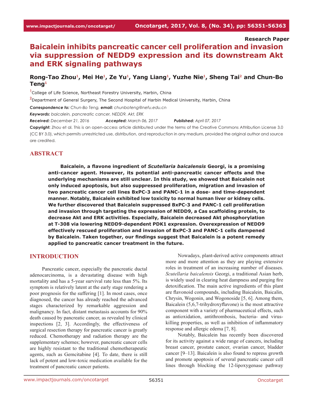 Baicalein Inhibits Pancreatic Cancer Cell Proliferation and Invasion Via Suppression of NEDD9 Expression and Its Downstream Akt and ERK Signaling Pathways