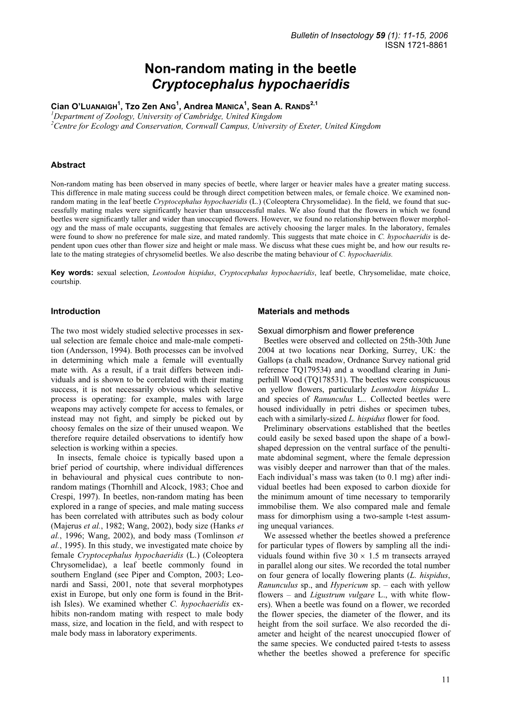 Non-Random Mating in the Beetle Cryptocephalus Hypochaeridis